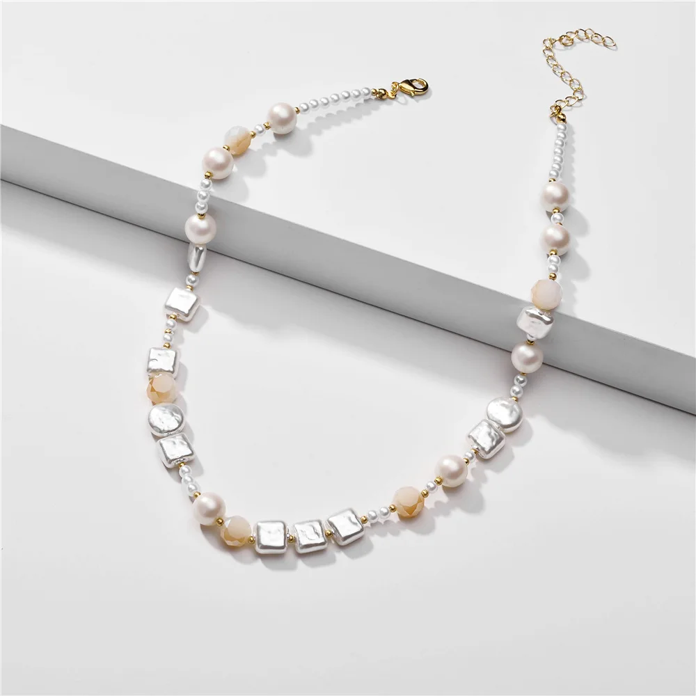 

Exquisite Handmade Square Beaded Chain Charm Necklace Freshwater Baroque Pearl Choker Necklace For Ladies, Picture color