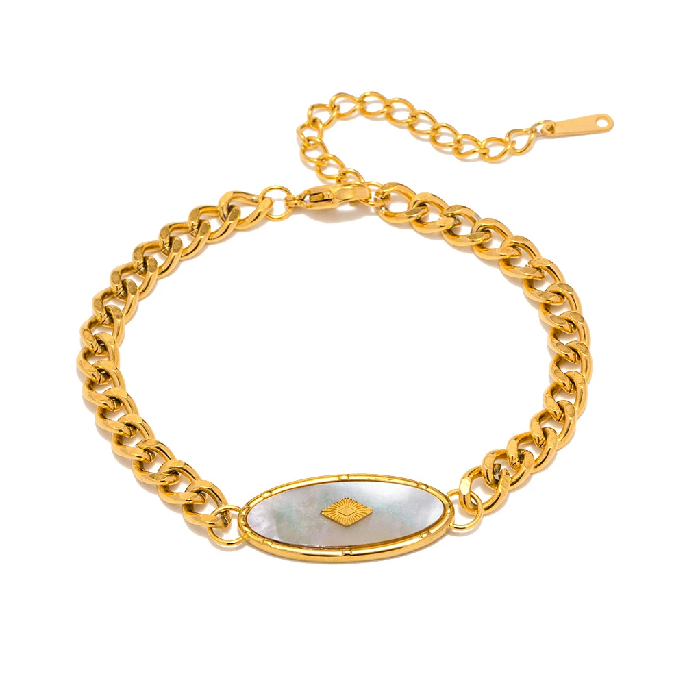 

Retro 18k Gold Plated Stainless Steel Bracelets Jewelry Waterproof Cuban Chain Natural Shell Bracelet