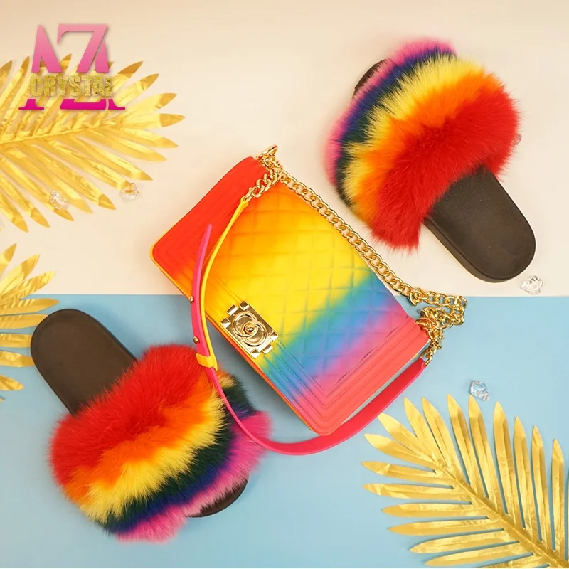 

wholesale women fashion real colorful rainbow big coverage fur slides slippers women and matching purse with jelly bags sets, Any color can make