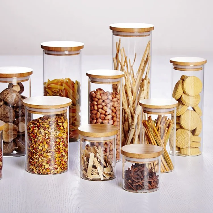 

Kitchen and pantry storage glass jars with bamboo lids, Transparent