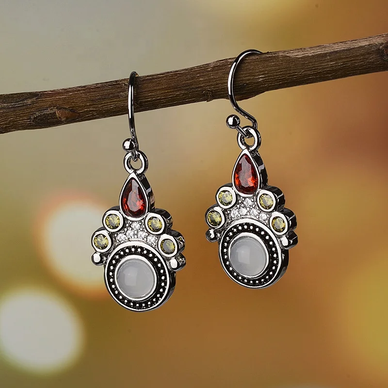 

Vintage Style Tibetan silver Crystal Round Charm Drop Earrings for Women Wedding Party Gift Femme Jewelry