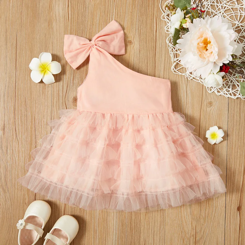 

New Boutique baby Girls sweet Dress ruffled sleeveless one shoulder solid tulle layered princess Dress for baby Girls, Picture shows