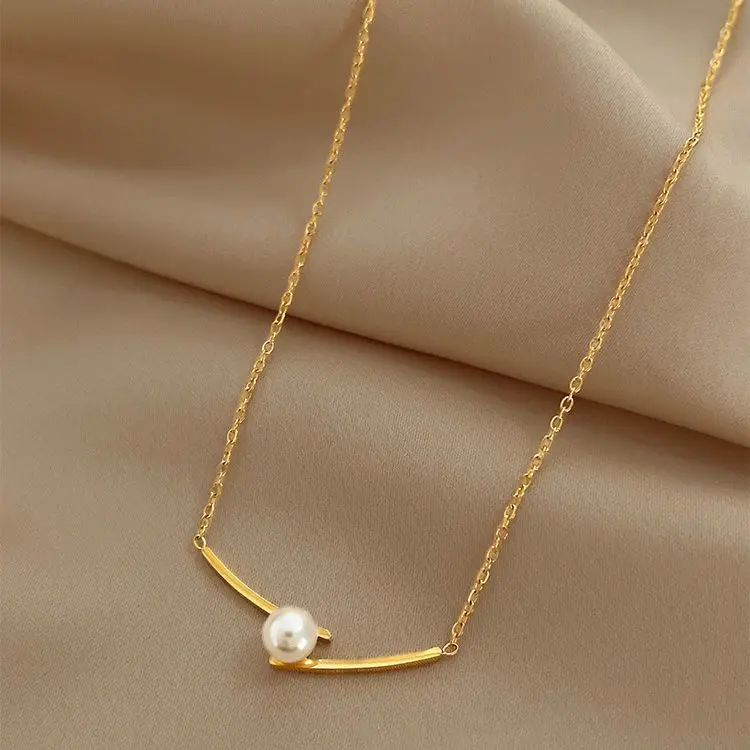 

New Design Stainless Steel Link Chain Cross Necklace Bar White Pearl Charm Necklace for Women