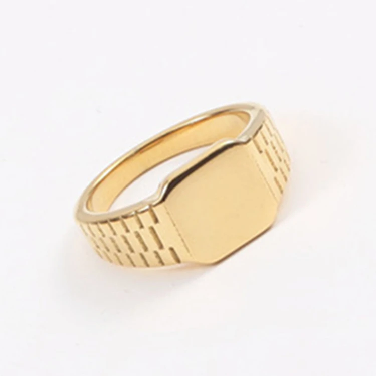 

Wholesale Customized Logo Name Women Finger Jewelry 18K Gold Plated Stainless Steel Square Signet Rings, Gold color