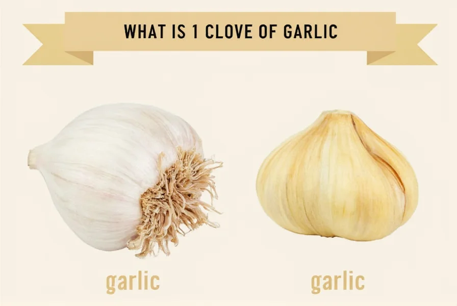 Close-up photograph of a single peeled garlic clove next to common kitchen measurements