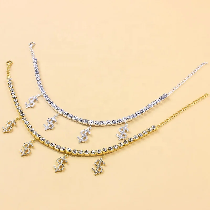 

New fashion dollar symbol anklet beach stainless steel shiny rhinestone anklet for women