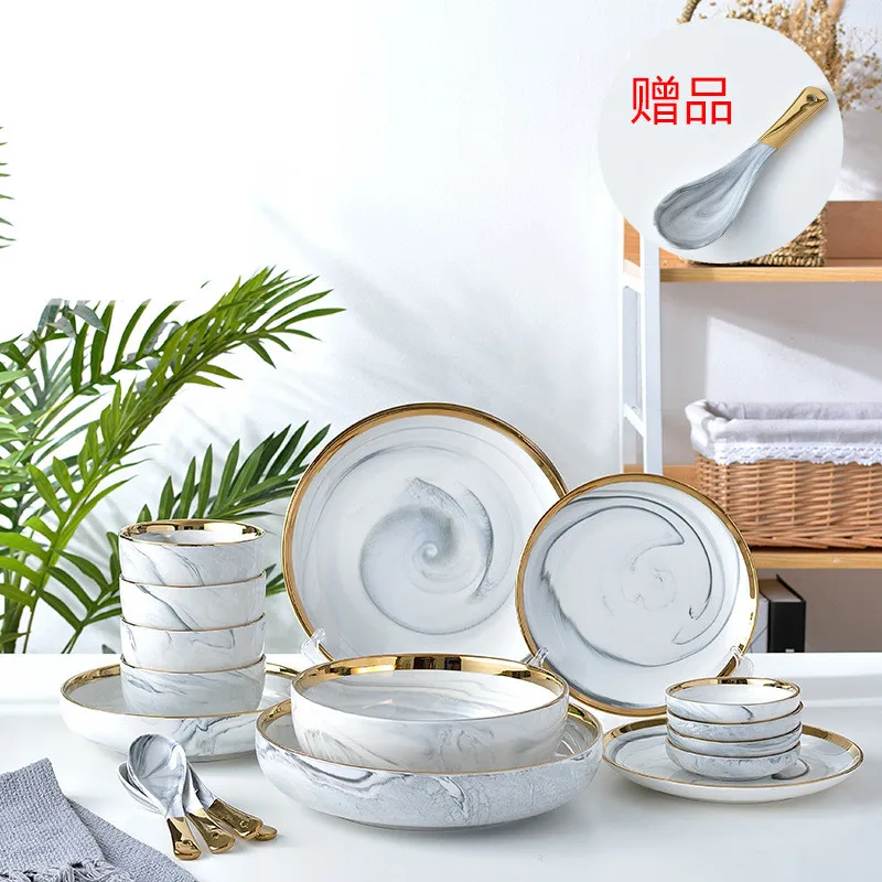 

Nordic Ceramics Phnom Penh Marble Pattern Set Tableware Household Rice Bowl Soup Bowl Plate plates sets dinnerware, Pink