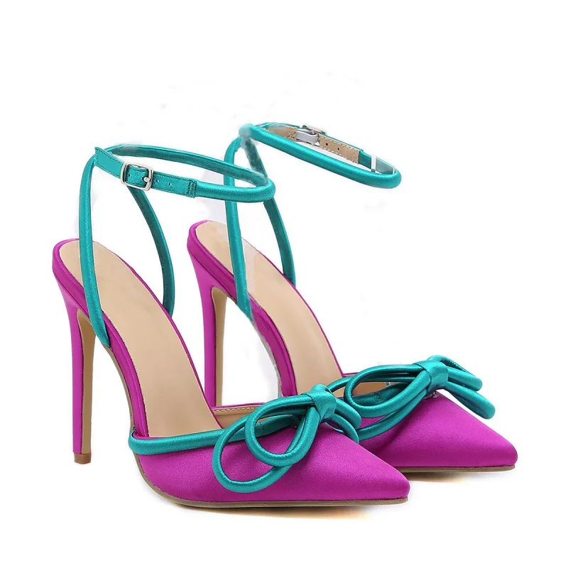 

2022 colorblock pointed toe satin muqin high heels ladies stilettos strappy pointed high heels