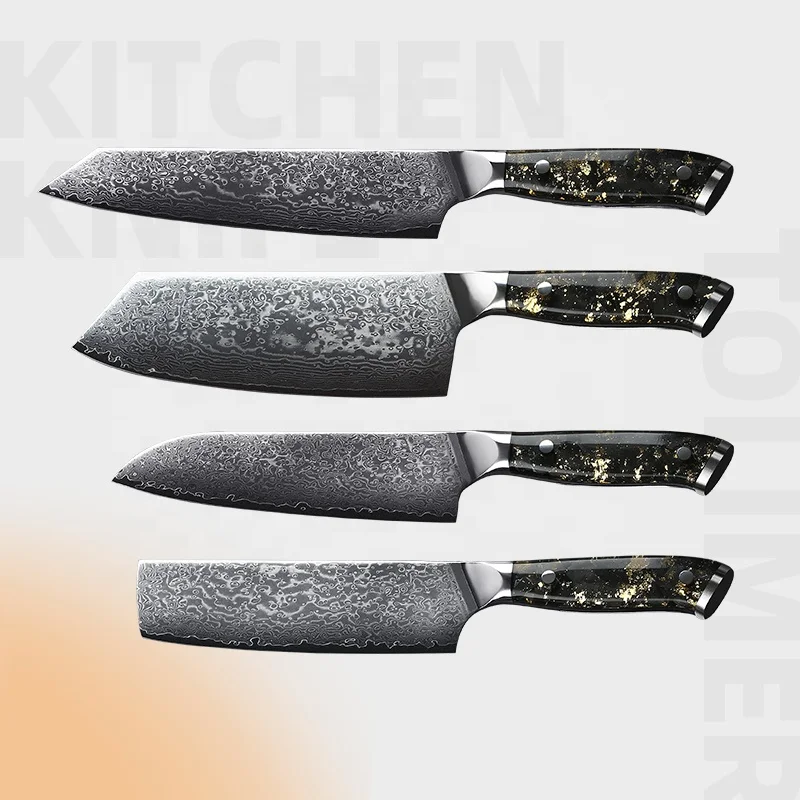 

custom 4 pcs sharp Resin carbon fiber handle kitchen knife set japanese 67 layer damascus steel meat cutting knife