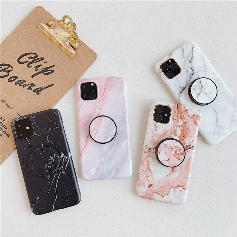 

Silicone Soft Frosted Glass Marble with Holder Phone Case For Iphone 11 pro max Cover For Iphone 5.8 6.1 6.5 Plus Back Case