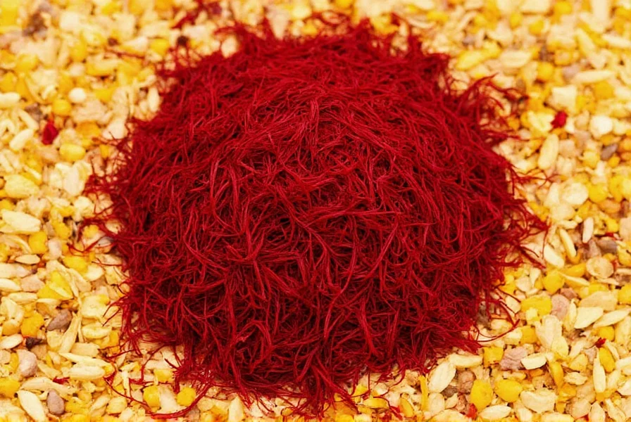 Comparison of saffron threads with other common spices showing the minuscule quantity required for equivalent coloring