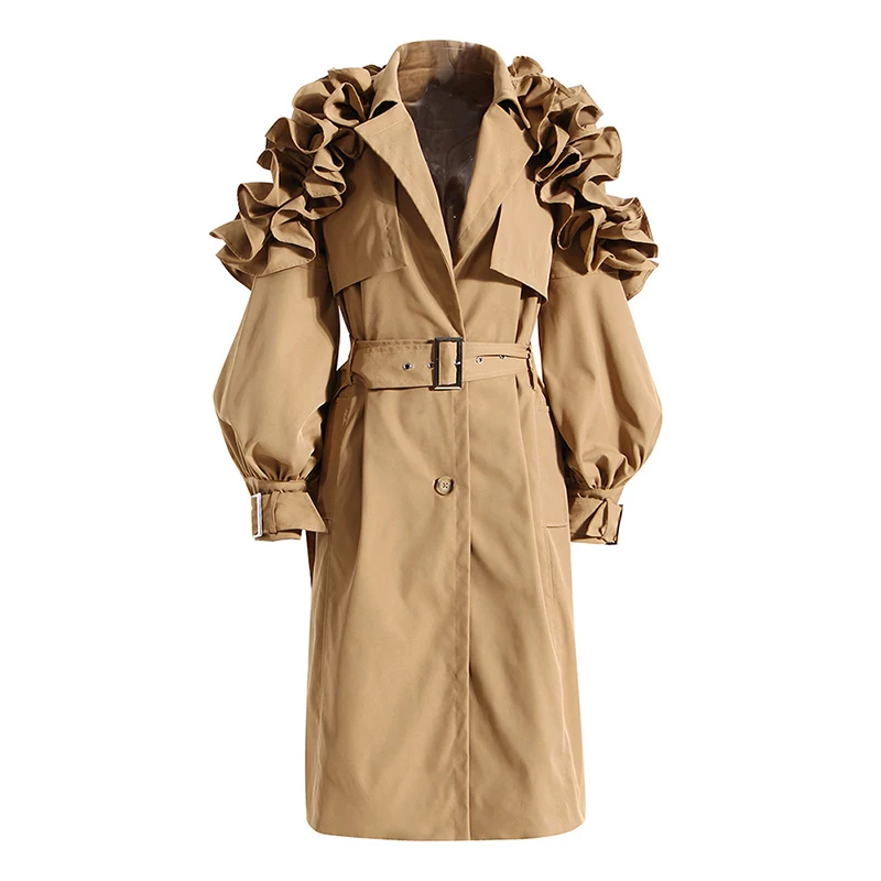 

TWOTWINSTYLE Women's Trench Coats Asymmetrical Patchwork Ruffles Bandage Trench Coat Woman