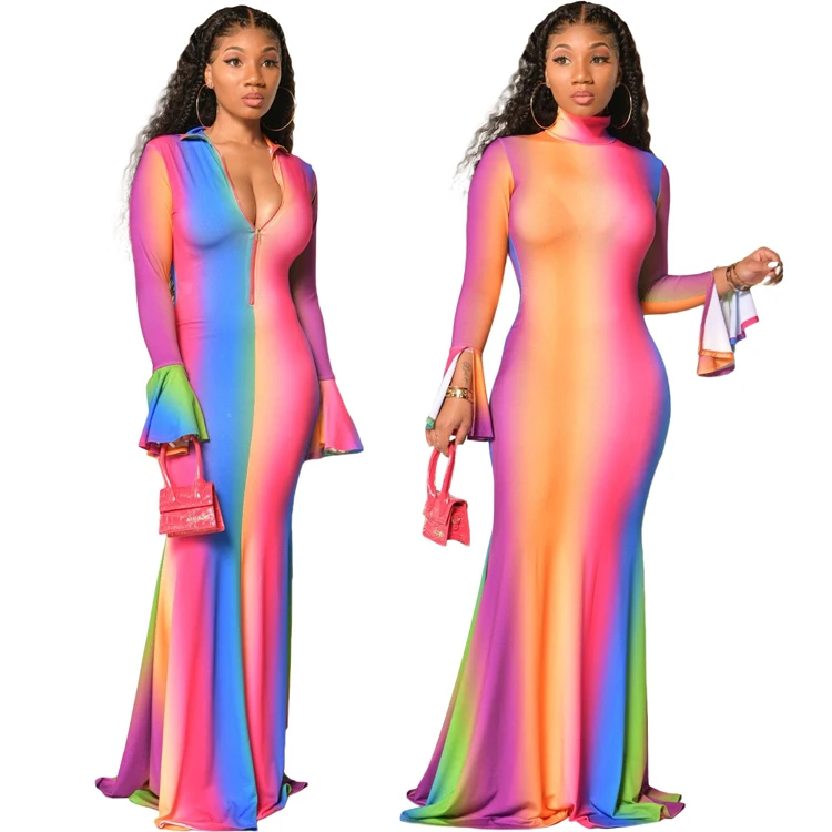 

Wholesale Fashion rainbow gradient more wear fishtail zipper round neck casual girls' dresses women lady elegant, Colorful