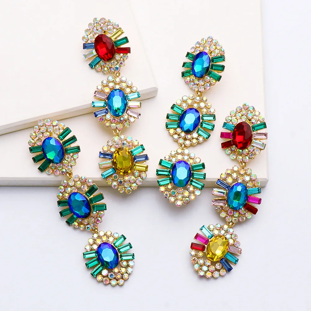 

European Fashion Glass Drill Round Long Drop Earrings Luxury Colorful Crystal Rhinestone Geometric Dangle Earrings For Gift