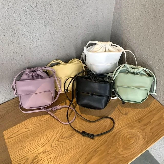 

Mini Solid Color Bucket Bag Pu Drawstring Girl Messenger Bag Cute Fashion Shoulder Bag, White, yellow , purple, green, black