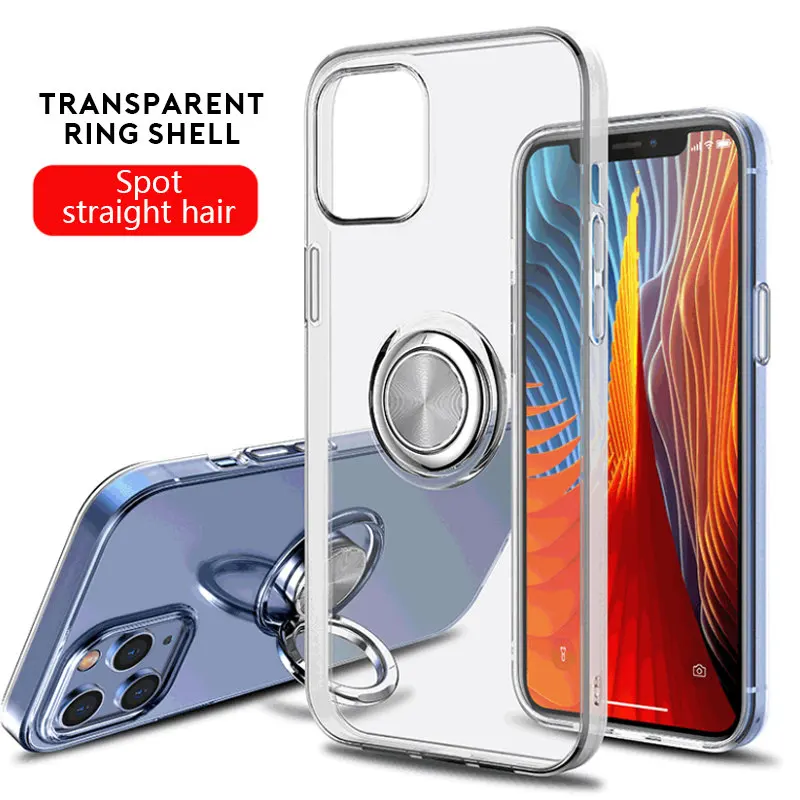 

Magnetic Transparent Soft TPU Back Cover for iPhone 11 12 13 Pro Max XR XS Max X 7 8 Plus Ring Holder Stand Phone Case, Black-red+clear