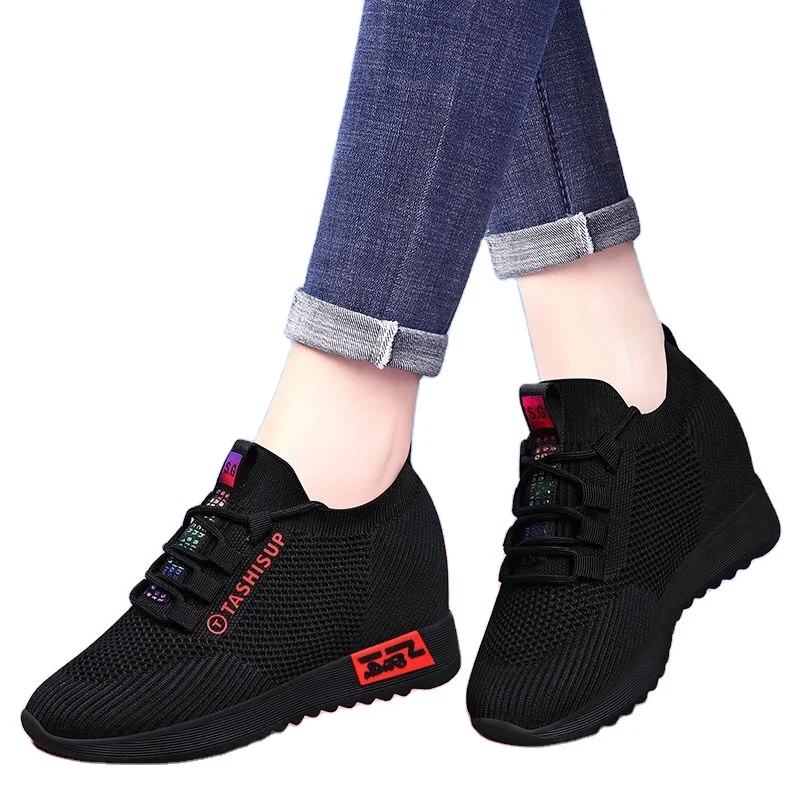 

latest fashion fly knit and mesh lining breathable chunky platform wedge black sneakers sport women running shoes, Custom ( black&red)