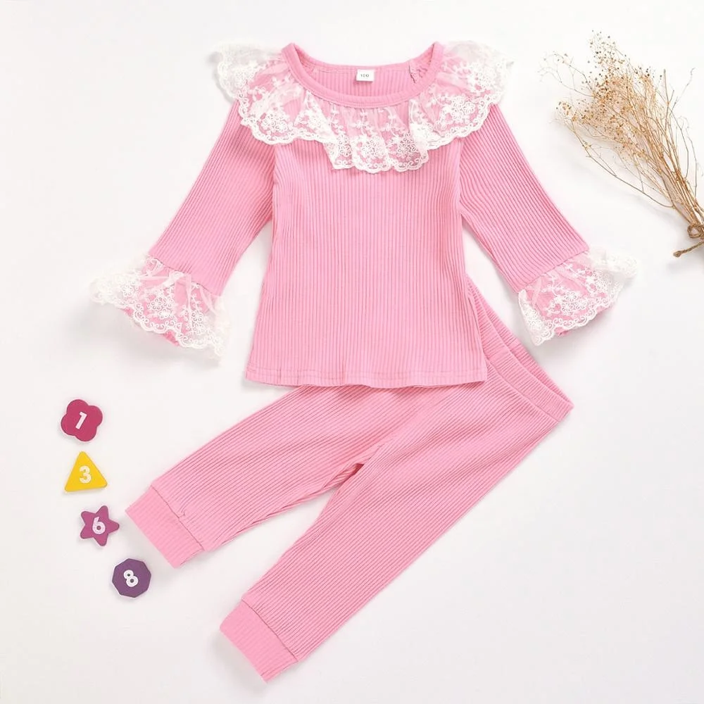 

Good cotton kids lace pajamas set children pyjamas clothing for autumn and winter, Pink, white and black