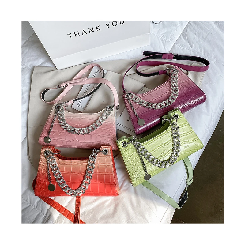 

Fashion Gradient Color Women Luxury Handbag Stone Pattern Underarm Shoulder Bags Female Diamonds Chain Baguette Tote Purse Pouch