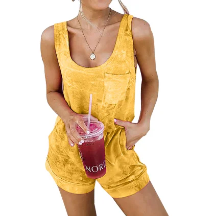 

Hot Sale Yellow Lacing Sleeveless Tie Dye Women Romper, Yellow,red,grey,blue,navy