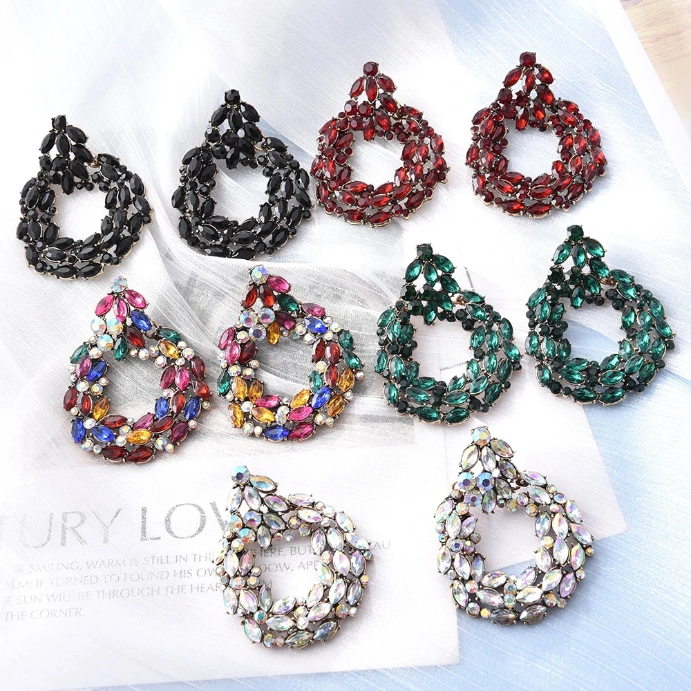 

HOVANCI High Quality Vintage Crystals Jewelry Accessories For Women Trend Round Metal Colorful Rhinestone Dangle Drop Earrings, Many colors