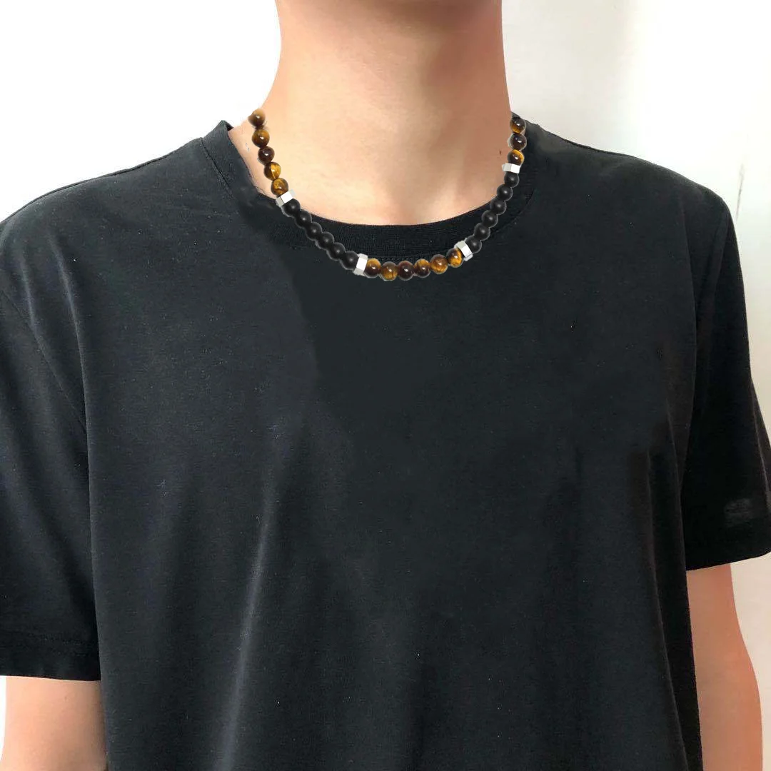 

New Style Natural Tiger Eyes Stone Stainless Steel Beaded Charm Lava Bead Choker Necklace for Men Women, Gold color