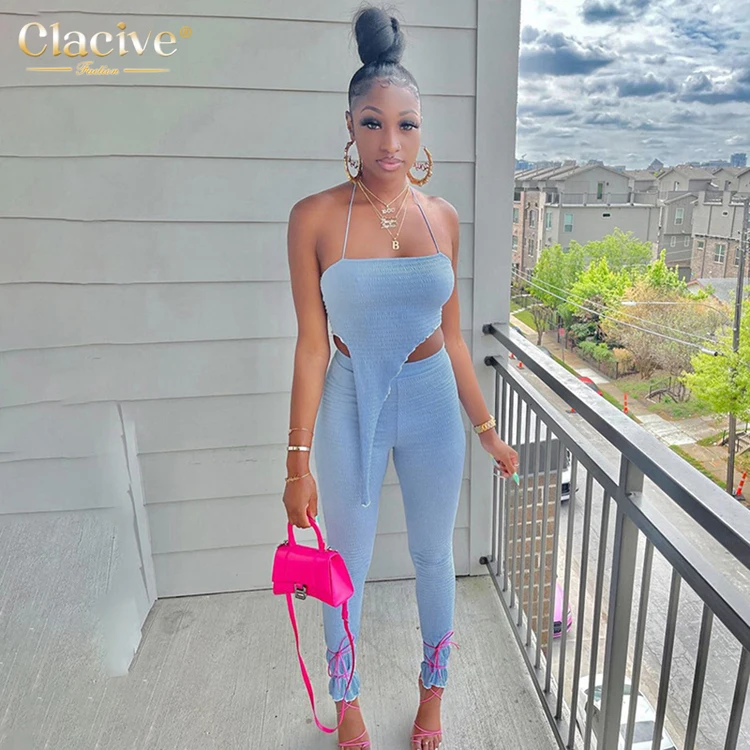 

Clacive Streetwear Sexy Backless Crop Top Matching Pants Set Fitness Bodycon Halter Top + Jogger 2 Piece Set Women, Blue