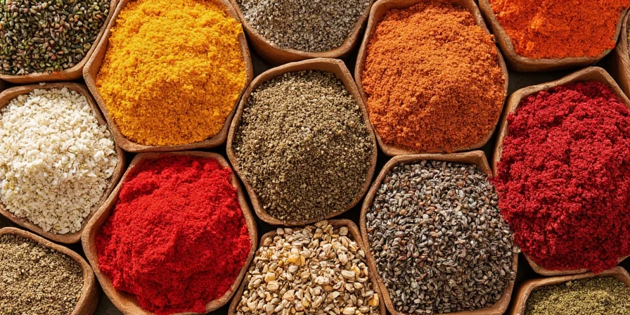 Vibrant array of spices in different colors and textures