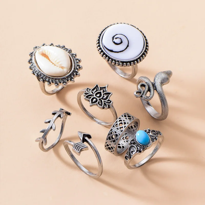 

whole sale women jewelry ethnic vintage silver turquoise shell insert flower snake shape ring set