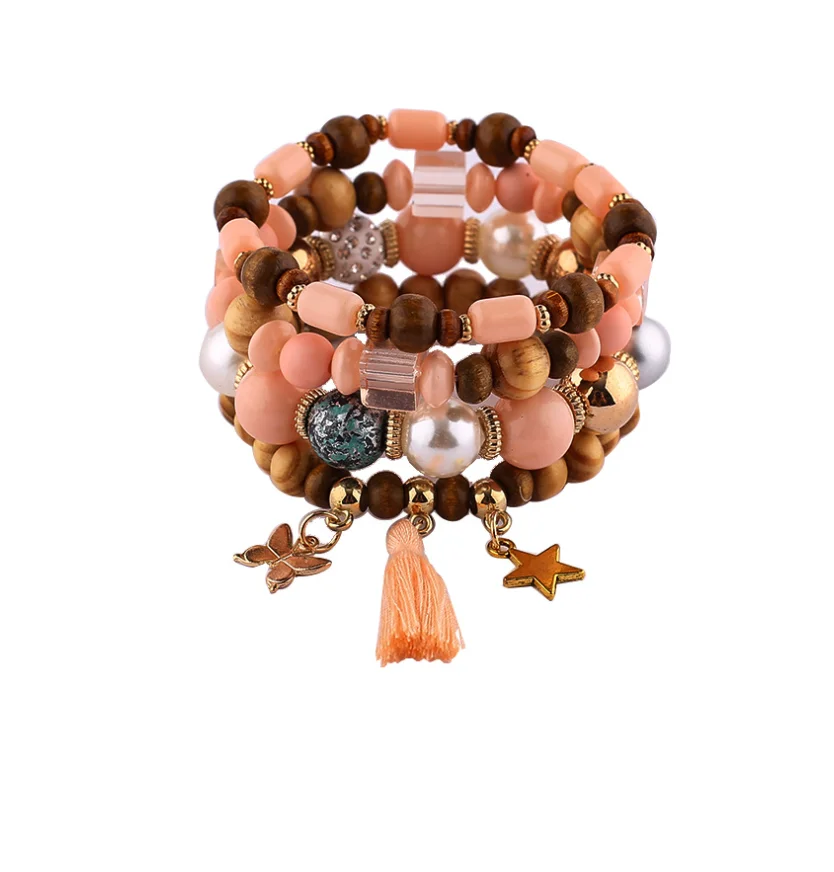 

Newest Design Bohemian Tassel Star Charms Wooden Beaded womans Bracelets Boho Butterfly Pendant Wood Beads Bracelet Sets, White,black,pink,mixed