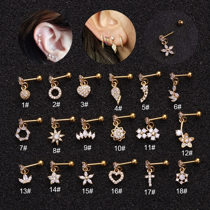 

18 Styles Gold Silver Color Heart Hexagon Crystal Tragus Ear Piercing Plug Stainless Steel Daith Earrings Helix Cartilage Studs