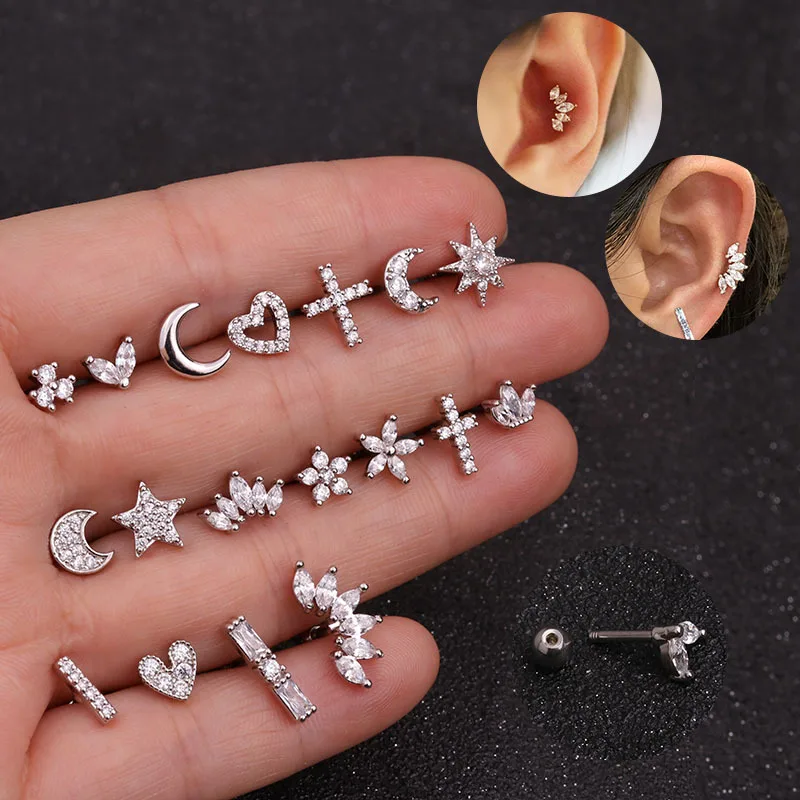 

Stainless steel rod micro-encrusted zirconia crown moon heart-shaped stud earrings for women fashion earrings piercing jewelry, Silver, gold
