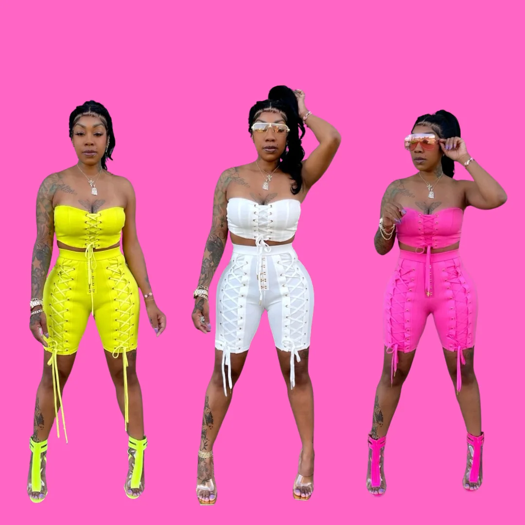 

2022 Summer Fashion Two Piece Shorts Set Clothing Solid Sleeveless Drawstring strapless Lace Up Top Shorts Set Women Pant Suits, White,yellow,fuchsia