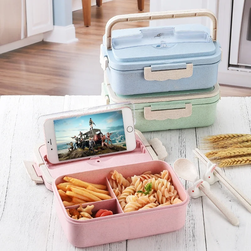 

Microwave Heated Biodegradable Bento Tiffin lunch Box with hidden handle Fiber Storage Wheat Straw Food Container, Blue/pink/green