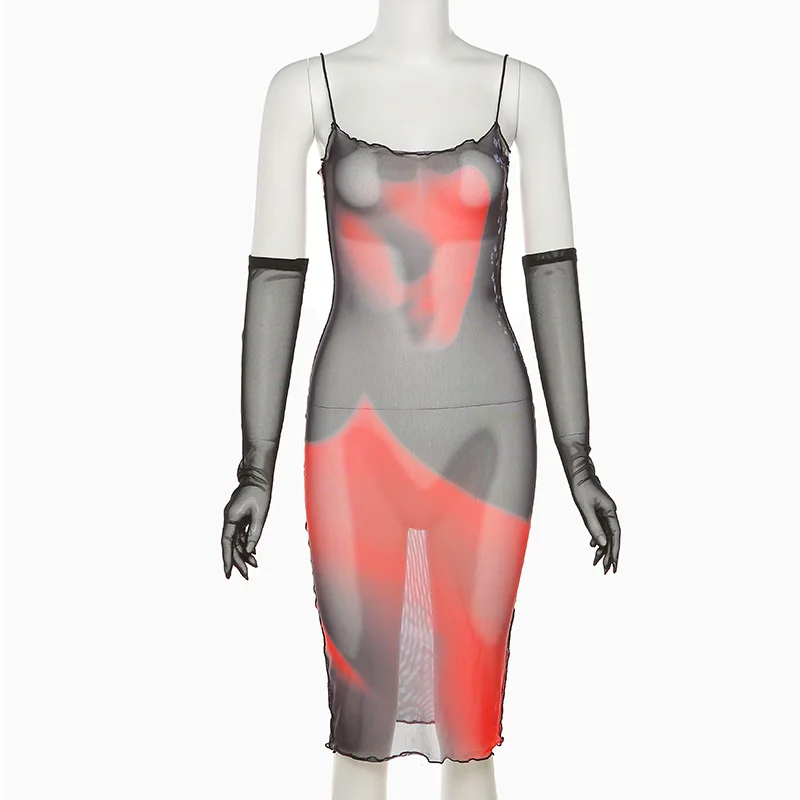 

2021 new arrivals summer collection sexy printed design women mesh casual dresses