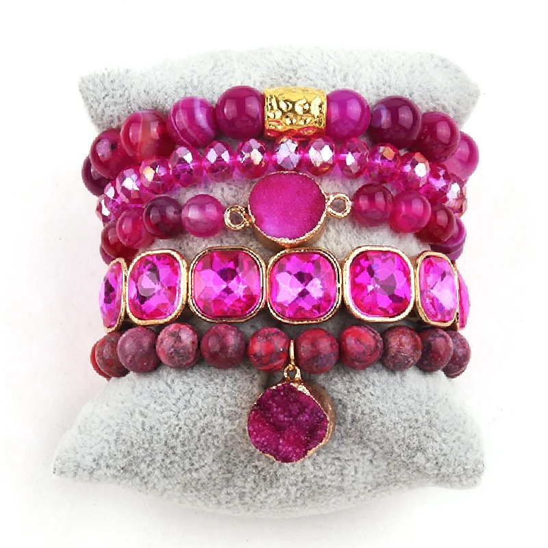 

Fashion Women 5pc Stretch Natural Gemstone Elastic Fuchsia Square Crystal Bracelets Druzy Stack Bracelets Sets