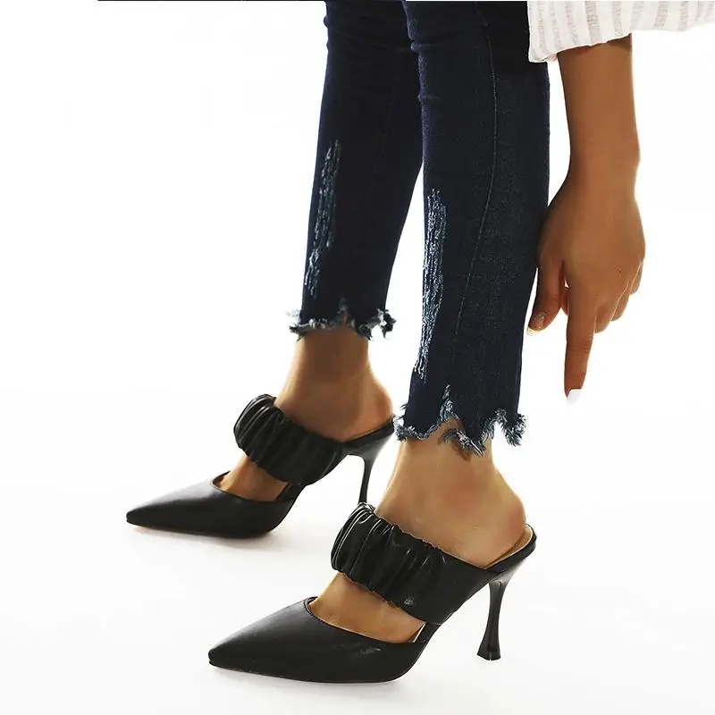 

DEleventh Shoes Woman Summer Hot Selling PU Leather Sexy Pointy Toe Slipper Stiletto High Heels Sandals Black In Stock Wholesale