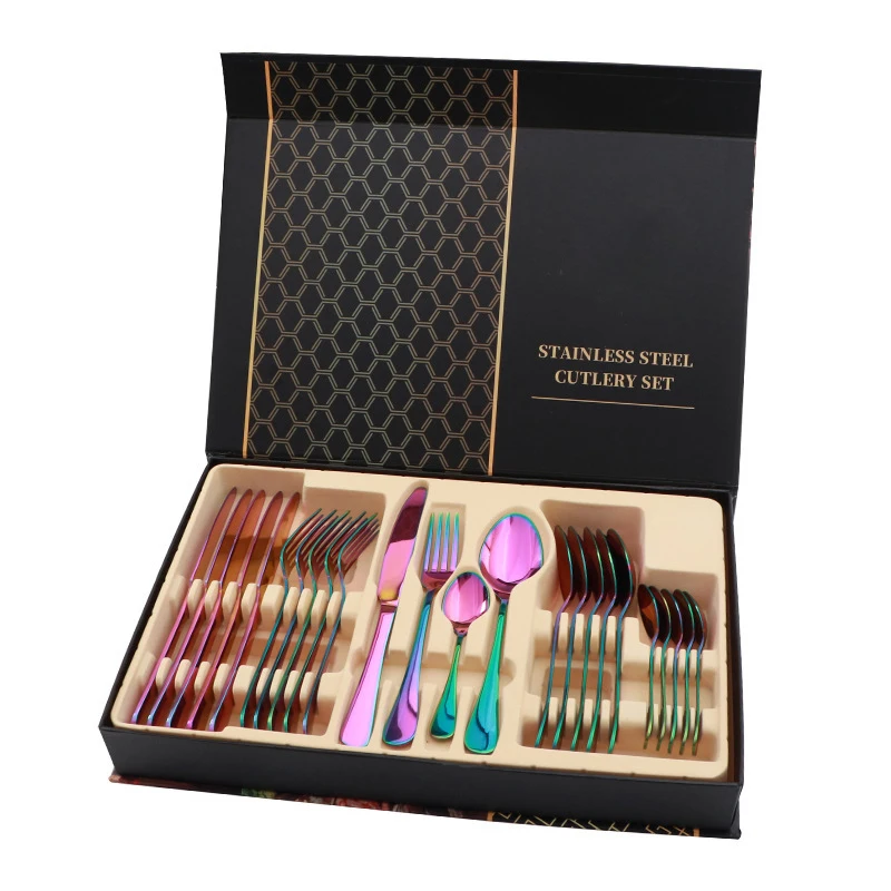 

Food Grade High Quality Stainless Steel Magic Color 24 Pieces Dinner Tableware With High-Grade Gift Box