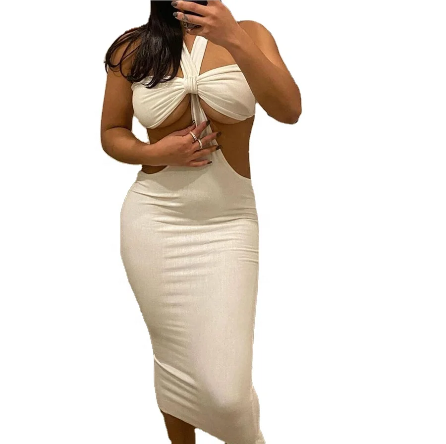 

2021 newest summer top fashion Hollow Out Ribbed Elastic Waist Sleeveless Maxi Dress Women Casual Dresses For Club night party, 2 colors