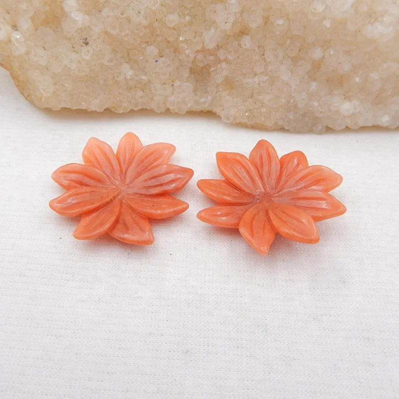 

Natural Gem Stone Blue Amazonite And Red Aventurine Flower Cabochon Pair For Earring Making, , 7.1g