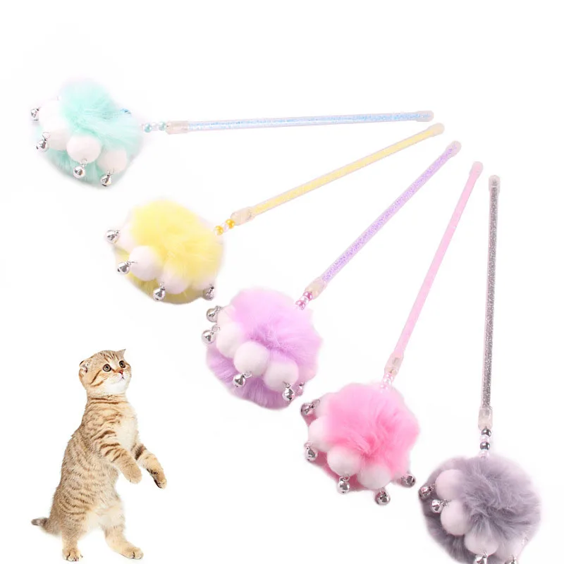 

New pet cat toy paw print funny cat stick audible bell funny cat toy furry cute pet toy, Mix color