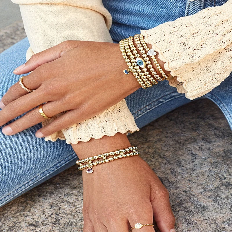 

New Style Elastic Bracelet Inlaid Zircon Heart Shape Charms Gold Plated Ball Beads Stretch Bracelet