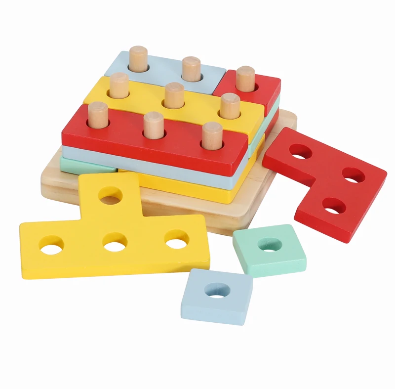 Wooden Educational Shape Color Sorting Puzzles Preschool Stacking Block ...