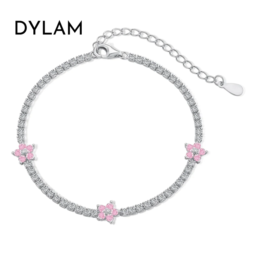 

Dylam Top End Luxury Women Fine Jewelry Rhodium 18K Gold Plated S925 Silver Flower 5a Diamond Cubic Zirconia Tennis Bracelet
