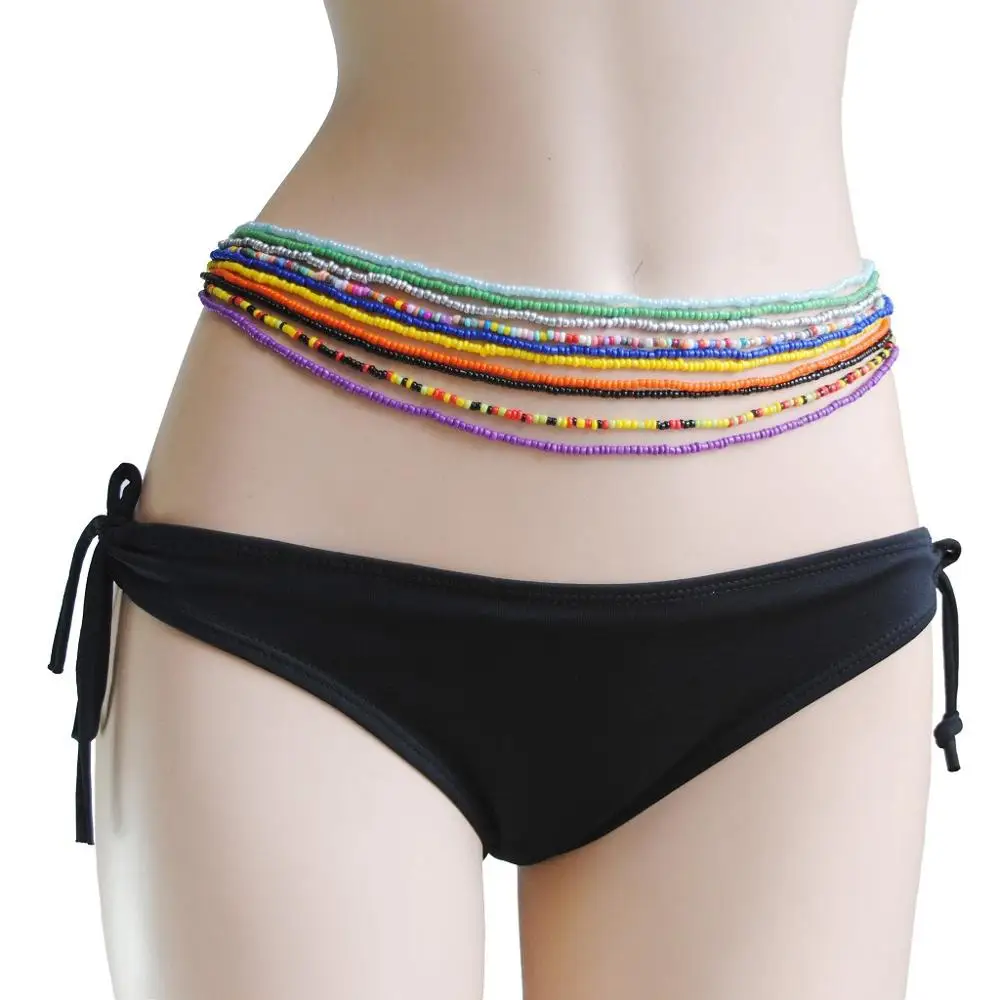 
Wholesale and retail Europe and the United States single layer hand beaded body chain color rice bead elastic waist chain 