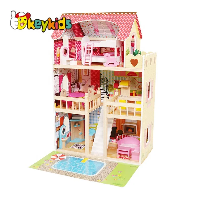 

Top sale kids lighting wooden doll house with garden W06A333E
