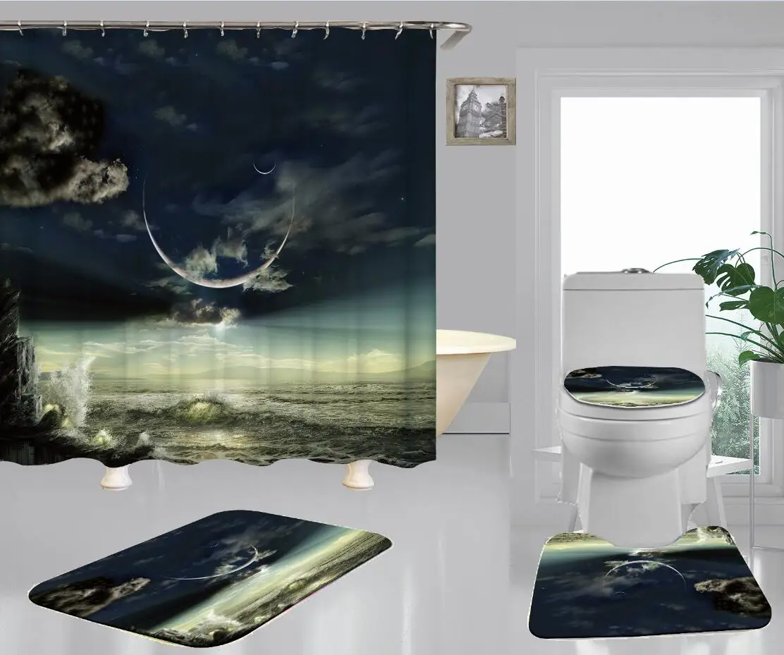

Sea And Meniscus Printed Toilet Seats Shower Curtain 4 Pieces Sets Dark Dirt-proof Bathroom Rugs