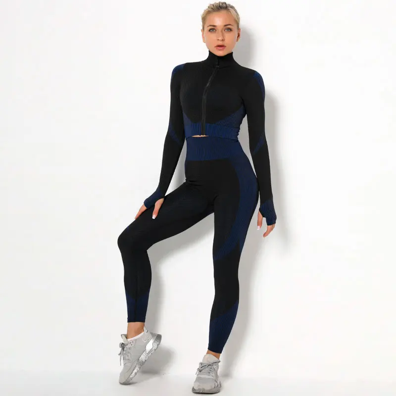 

Sports Suits Seamless Suit Female Yoga Workout Clothes Gym Itness Long Sleeve Crop Top High Waist Leggings, 10 colors, as picture shown