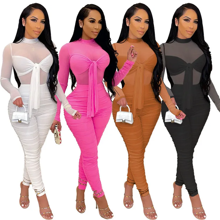 

2021 Ladies One Piece Rompers Long Sleeve Mesh Stacked Summer Women Jumpsuits, Picture shown