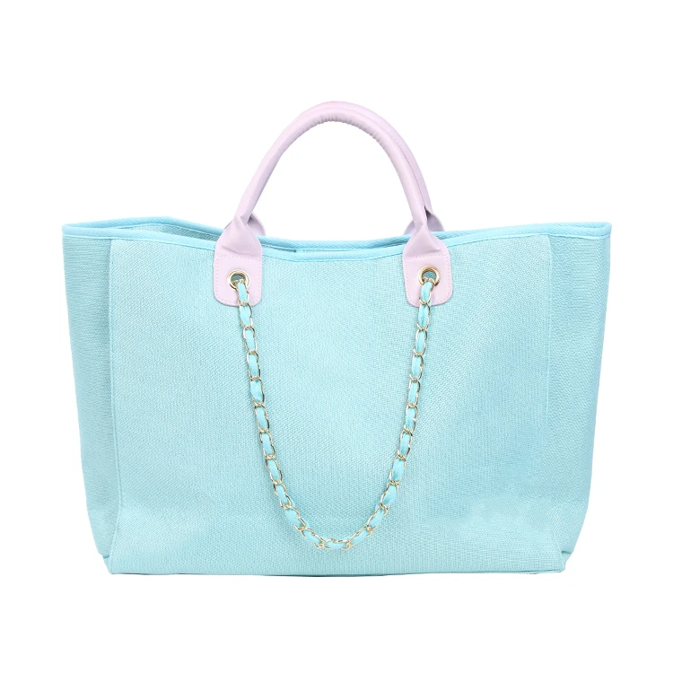 

Solid Color Handbag Ladies Polyester Shoulder Bags with Chains Decoration Lady Large Tote Shopping Bag, Picture